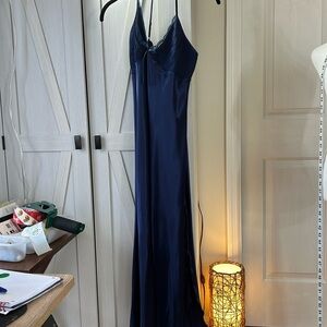 Lus Chic NWT Navy Satin Pajama Slip Nightgown Scalloped Slit Plus Sz 3X